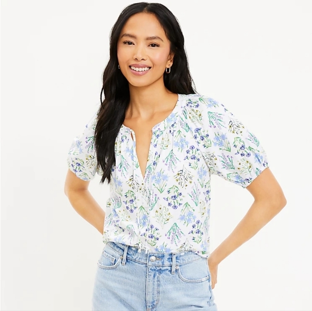 LOFT Petite Floral Bouquet Tie Neck Puff Sleeve Top